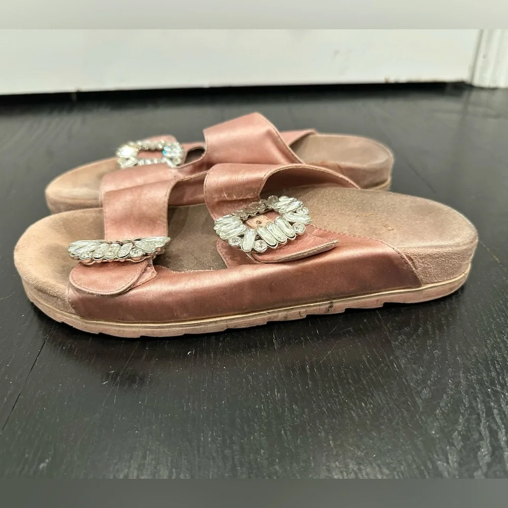 Sandal Buckle Rhinestone Inspired Flat Open Toe Strap Slide Slipper - Picture 5 of 8